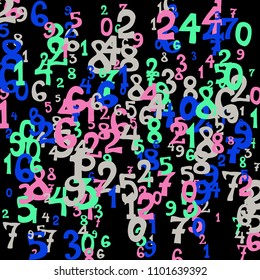 Falling colorful numbers on black background. Abstract background of color numbers for card or print. Pattern of randomly distributed numbers from zero to nine in color.
