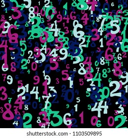 Falling colorful numbers on black background. Abstract colorful background for card or print. Pattern of randomly distributed numbers from zero to nine in color.