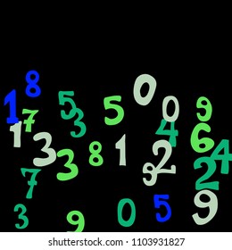 Falling colorful numbers on black background. Abstract background of color numbers for card or print. Pattern of randomly distributed numbers from zero to nine in color.