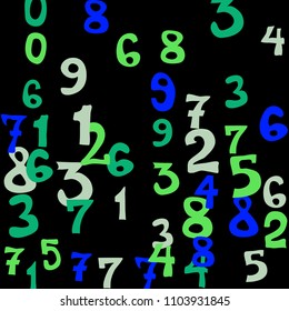 Falling colorful numbers on black background. Abstract colorful background for card or print. Pattern of randomly distributed numbers from zero to nine in color.