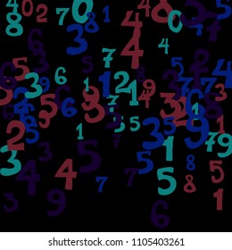 Falling colorful numbers on black background. Abstract background of color numbers for card or print. Pattern of randomly distributed numbers from zero to nine in color.