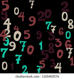 Falling colorful numbers on black background. Abstract background of color numbers for card or print. Pattern of randomly distributed numbers from zero to nine in color.