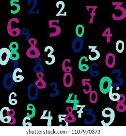 Falling colorful numbers on black background. Abstract colorful background for banner or poster. Pattern of randomly distributed numbers from zero to nine in color.