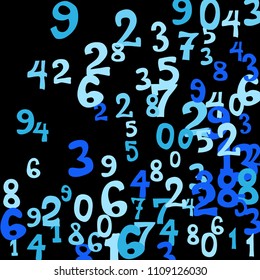 Falling colorful numbers on black background. Abstract background of color numbers for banner or poster. Pattern of randomly distributed numbers from zero to nine in color.