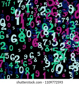 Falling colorful numbers on black background. Abstract background of color numbers for card or print. Pattern of randomly distributed numbers from zero to nine in color.
