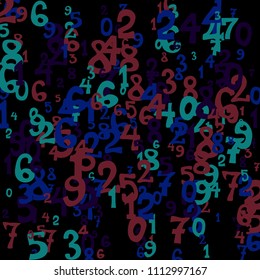 Falling colorful numbers on black background. Abstract background of color numbers for banner or poster. Pattern of randomly distributed numbers from zero to nine in color.
