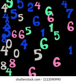 Falling colorful numbers on black background. Abstract background of color numbers for banner or poster. Pattern of randomly distributed numbers from zero to nine in color.