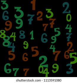 Falling colorful numbers on black background. Abstract background of color numbers for card or print. Pattern of randomly distributed numbers from zero to nine in color.
