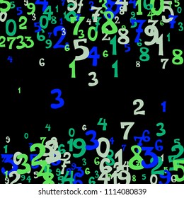 Falling colorful numbers on black background. Abstract background of color numbers for banner or poster. Pattern of randomly distributed numbers from zero to nine in color.