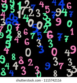 Falling colorful numbers on black background. Abstract background of color numbers for card or banner. Pattern of randomly distributed numbers from zero to nine in color.