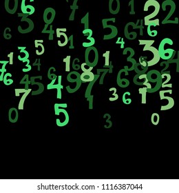 Falling colorful numbers on black background. Abstract colorful background for card or banner. Pattern of randomly distributed numbers from zero to nine in color.