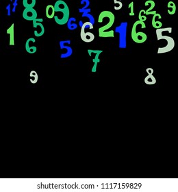 Falling colorful numbers on black background. Abstract colorful background for card or print. Pattern of randomly distributed numbers from zero to nine in color.