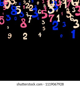 Falling colorful numbers on black background. Abstract background of color numbers for banner or poster. Pattern of randomly distributed numbers from zero to nine in color.