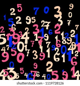 Falling colorful numbers on black background. Abstract colorful background for banner or poster. Pattern of randomly distributed numbers from zero to nine in color.