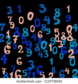 Falling colorful numbers on black background. Abstract background of color numbers for card or banner. Pattern of randomly distributed numbers from zero to nine in color.