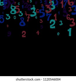 Falling colorful numbers on black background. Abstract colorful background for card or banner. Pattern of randomly distributed numbers from zero to nine in color.
