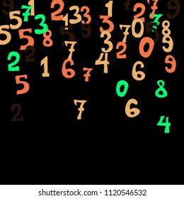 Falling colorful numbers on black background. Abstract background of color numbers for card or print. Pattern of randomly distributed numbers from zero to nine in color.