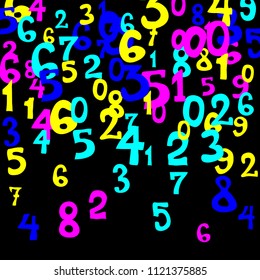 Falling colorful numbers on black background. Abstract background of color numbers for card or print. Pattern of randomly distributed numbers from zero to nine in color.