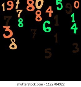 Falling colorful numbers on black background. Abstract background of color numbers for card or print. Pattern of randomly distributed numbers from zero to nine in color.