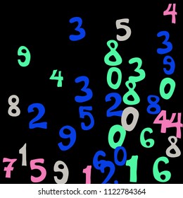 Falling colorful numbers on black background. Abstract colorful background for card or banner. Pattern of randomly distributed numbers from zero to nine in color.