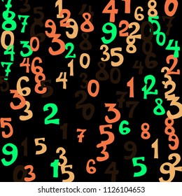 Falling colorful numbers on black background. Abstract colorful background for card or print. Pattern of randomly distributed numbers from zero to nine in color.