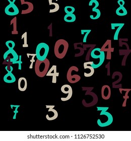 Falling colorful numbers on black background. Abstract colorful background for card or banner. Pattern of randomly distributed numbers from zero to nine in color.