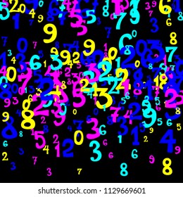 Falling colorful numbers on black background. Abstract background of color numbers for card or print. Pattern of randomly distributed numbers from zero to nine in color.