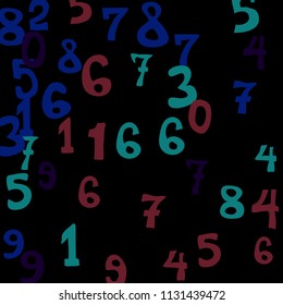 Falling colorful numbers on black background. Abstract background of color numbers for card or banner. Pattern of randomly distributed numbers from zero to nine in color.