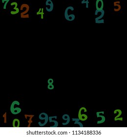 Falling colorful numbers on black background. Abstract background of color numbers for card or print. Pattern of randomly distributed numbers from zero to nine in color.