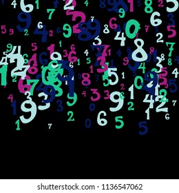 Falling colorful numbers on black background. Abstract background of color numbers for banner or poster. Pattern of randomly distributed numbers from zero to nine in color.
