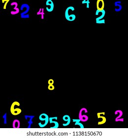 Falling colorful numbers on black background. Abstract colorful background for card or print. Pattern of randomly distributed numbers from zero to nine in color.