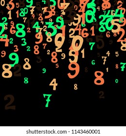 Falling colorful numbers on black background. Abstract background of color numbers for card or print. Pattern of randomly distributed numbers from zero to nine in color.