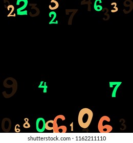 Falling colorful numbers on black background. Abstract colorful background for card or banner. Pattern of randomly distributed numbers from zero to nine in color.