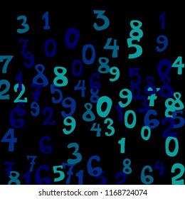 Falling colorful numbers on black background. Abstract colorful background for card or print. Pattern of randomly distributed numbers from zero to nine in color.