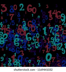Falling colorful numbers on black background. Abstract background of color numbers for card or print. Pattern of randomly distributed numbers from zero to nine in color.