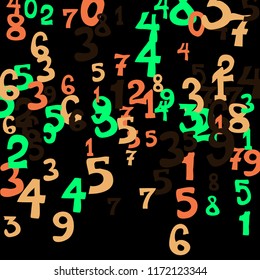 Falling colorful numbers on black background. Abstract colorful background for banner or poster. Pattern of randomly distributed numbers from zero to nine in color.