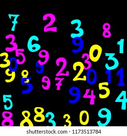 Falling colorful numbers on black background. Abstract background of color numbers for card or print. Pattern of randomly distributed numbers from zero to nine in color.