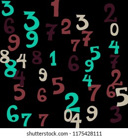 Falling colorful numbers on black background. Abstract colorful background for card or banner. Pattern of randomly distributed numbers from zero to nine in color.