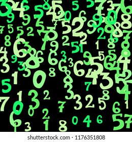 Falling colorful numbers on black background. Abstract background of color numbers for card or print. Pattern of randomly distributed numbers from zero to nine in color.