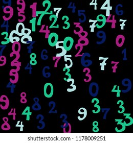 Falling colorful numbers on black background. Abstract colorful background for card or banner. Pattern of randomly distributed numbers from zero to nine in color.