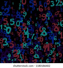 Falling colorful numbers on black background. Abstract colorful background for banner or poster. Pattern of randomly distributed numbers from zero to nine in color.