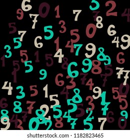 Falling colorful numbers on black background. Abstract colorful background for banner or poster. Pattern of randomly distributed numbers from zero to nine in color.