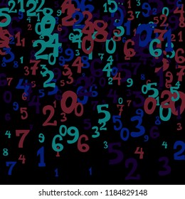 Falling colorful numbers on black background. Abstract background of color numbers for banner or poster. Pattern of randomly distributed numbers from zero to nine in color.
