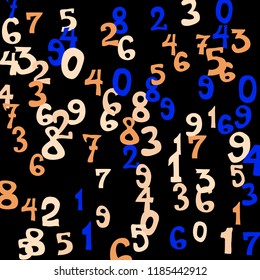 Falling colorful numbers on black background. Abstract colorful background for card or print. Pattern of randomly distributed numbers from zero to nine in color.