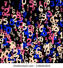 Falling colorful numbers on black background. Abstract colorful background for banner or poster. Pattern of randomly distributed numbers from zero to nine in color.