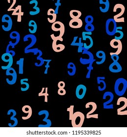 Falling colorful numbers on black background. Abstract colorful background for card or print. Pattern of randomly distributed numbers from zero to nine in color.