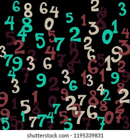 Falling colorful numbers on black background. Abstract colorful background for card or print. Pattern of randomly distributed numbers from zero to nine in color.