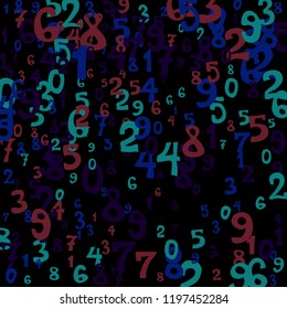 Falling colorful numbers on black background. Abstract colorful background for card or banner. Pattern of randomly distributed numbers from zero to nine in color.