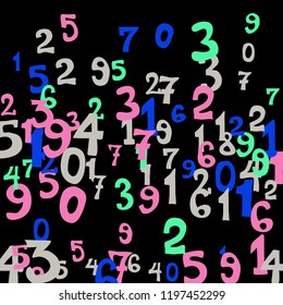 Falling colorful numbers on black background. Abstract colorful background for banner or poster. Pattern of randomly distributed numbers from zero to nine in color.