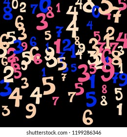 Falling colorful numbers on black background. Abstract background of color numbers for banner or poster. Pattern of randomly distributed numbers from zero to nine in color.